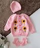 Woonie Handknitted Full Sleeves Floral Applique Detailed Sweater With Cap & Booties - Pink