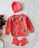 Woonie Handknitted Full Sleeves Bear Applique Detailed Sweater With Cap & Booties - Coral