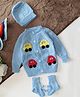 Woonie Handknitted Full Sleeves Cars Applique Detailed Sweater With Cap & Booties - Sky Blue