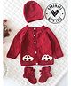 Woonie Handknitted Full Sleeves Car Embroidered Sweater With Cap & Booties - Maroon