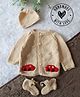 Woonie Handknitted Full Sleeves Car Embroidered Sweater With Cap & Booties - Beige