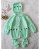 Woonie Handknitted Full Sleeves Floral Embroidered Sweater With Cap & Booties - Light Green