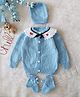 Woonie Handknitted Full Sleeves Heart Embroidered Sweater With Cap & Booties - Sky Blue