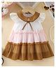 Sky Carry Georgette Woven Frill Sleeves Colour Block Dress - White Pink & Camel