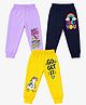 FASHIONOY 100% Cotton Knit Pack Of 3 Typography Rainbow & Roller Skates Printed Bio Washed Joggers - Yellow Lavender & Navy Blue