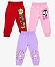 FASHIONOY 100% Cotton Knit Pack Of 3 Floral Stars & Penguin Printed Bio Washed Joggers - Red Lavender & Pink