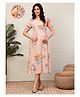 Moms Maternity Cotton Woven Half Puffed Sleeves Floral Printed Dress With Front Zippers Open Nursing Access - Peach