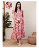 Moms Maternity Woven Frill Sleeves Floral Printed Dress With Front Open Nursing Access - Peach