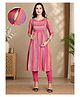 Moms Maternity Cotton Woven Three Fourth Sleeves Striped Kurti & Pants With Side Zipper Nursing Access - Pink