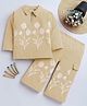 Fourfolds Cotton Blend Knit Full Sleeves Floral Puff Printed Tee & Pajamas Night Suit - Beige