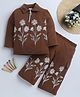 Fourfolds Cotton Blend Knitted Full Sleeves Floral Embroidered Night Suit Set- Brown