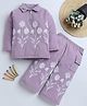 Fourfolds Cotton Blend Knit Full Sleeves Floral Puff Printed Tee & Pajamas Night Suit - Lilac