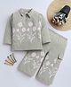 Fourfolds Cotton Blend Knit Full Sleeves Floral Puff Printed Tee & Pajamas Night Suit - Sage Green