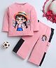 Fourfolds Cotton Blend Knit Full Sleeves Cute Girl Printed Tee & Pajamas Night Suit - Baby Pink