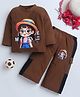 Fourfolds Cotton Blend Knit Full Sleeves Cute Girl Printed Tee & Pajamas Night Suit - Brown