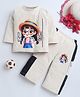 Fourfolds Cotton Blend Knit Full Sleeves Cute Girl Printed Tee & Pajamas Night Suit - Cream