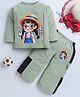 Fourfolds Cotton Blend Knit Full Sleeves Cute Girl Printed Tee & Pajamas Night Suit - Sage Green