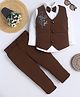 Fourfolds Cotton Blend Woven Full Sleeves Solid Shirt & Trousers With Bow & Stone Embellished Floral Design Waistcoat Set - Brown