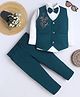 Fourfolds Cotton Blend Woven Full Sleeves Solid Shirt & Trousers With Bow & Stone Embellished Floral Design Waistcoat Set - Teal Blue