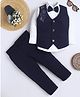 Fourfolds Cotton Blend Woven Full Sleeves Solid Shirt & Trousers With Bow & Floral Embroidered Waistcoat Set - Navy Blue