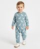 JWAAQ Cotton Knit Full Sleeves Giraffe Designed Fur Lined Romper - Blue