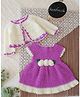 Woonie Handknitted Half Sleeves Floral Applique Detailed Dress With Shrug - Purple