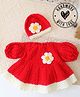 Woonie Handknitted Half Puffed Sleeves Floral Applique Detailed Dress With Cap - Red