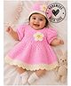 Woonie Handknitted Half Puffed Sleeves Floral Applique Detailed Dress With Cap - Pink