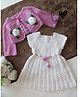 Woonie Handknitted Solid Dress With Full Sleeves Floral Applique Detailed Shrug - Purple