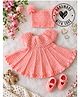 Woonie Handknitted Cap Sleeves Solid Dress With Cap & Booties - Peach