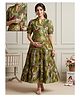 Dummy Shape Cotton Rayon Woven Half Puffed Sleeves Floral Printed Tiered Maternity Dress With Dual Side Zipper Nursing Access - Olive Green