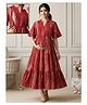 Dummy Shape Cotton Rayon Woven Half Sleeves Abstract Printed Tiered Maternity Dress With Dual Side Zipper Nursing Access - Red