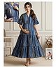Dummy Shape Cotton Rayon Woven Half Sleeves Abstract Printed Tiered Maternity Dress With Dual Side Zipper Nursing Access - Navy Blue
