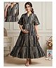 Dummy Shape Cotton Rayon Woven Half Sleeves Abstract Printed Tiered Maternity Dress With Dual Side Zipper Nursing Access - Black