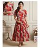 Dummy Shape Cotton Rayon Woven Half Puffed Sleeves Abstract Printed Tiered Maternity Dress With Dual Side Zipper Nursing Access - Red