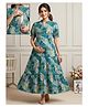 Dummy Shape Cotton Rayon Woven Half Puffed Sleeves Abstract Printed Tiered Maternity Dress With Dual Side Zipper Nursing Access - Turquoise