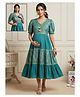 Dummy Shape Rayon Woven Half Puffed Sleeves Ethnic Motifs Foil Printed Lace Embellished Tiered Maternity Dress With Dual Side Zipper Nursing Access - Turquoise