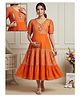 Dummy Shape Rayon Woven Half Puffed Sleeves Floral Printed Lace Embellished Tiered Maternity Dress With Dual Side Zipper Nursing Access - Orange