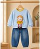 Huggle Boo Cotton Knit Full Sleeves Doll Applique Detailed Sweatshirt & Jeans - Sky Blue