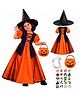 Sarvda Halloween Theme Full Sleeves Witch Gown Costume With Vampire Teeth & Jack O Lantern Basket Set - Black & Orange