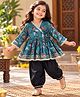 BAATCHEET Cotton Woven Three Fourth Sleeves Peacock & Floral Printed Lace Embellished Angrakha Kurti & Salwar Set - Blue