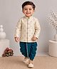 BAATCHEET Cotton Silk Woven Full Sleeves Brocade Designed Thread Work Embroidered Sherwani & Dhoti Set - Blue