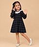The Mom Store Cotton Woven Full Sleeves Checked & Lace Detailed Winter Dress - Black