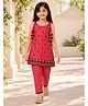 Huggle Boo Cotton Rayon Woven Sleeveless Floral Embroidered Top & Pant Set - Red