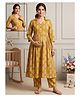 Dummy Shape Cotton Rayon Woven Three Fourth Sleeves Floral Motif Printed Coordinating Maternity Kurti Pant Set With Dual Side Zipper Nursing Access - Mustard