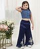 Little Bansi Cotton Woven Sleeveless Leaves Printed Top & Floral Embroidered Palazzo Set - Blue