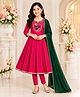 STH Silk Woven Three Fourth Sleeves Leaves Embroidered Kurti Pant & Dupatta Set - Pink
