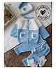 Woonie Handknitted Full Sleeves Colour Blocked Bear Patch Applique Detailed Sweater & Pants With Cap & Socks Set - Light Blue