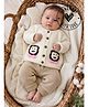 Woonie Handknitted Full Sleeves Animal Patch Detailed Sweater & Pants Set - Cream