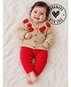 Woonie Handknitted Full Sleeves Floral Applique Detailed Sweater & Pants Set - Beige